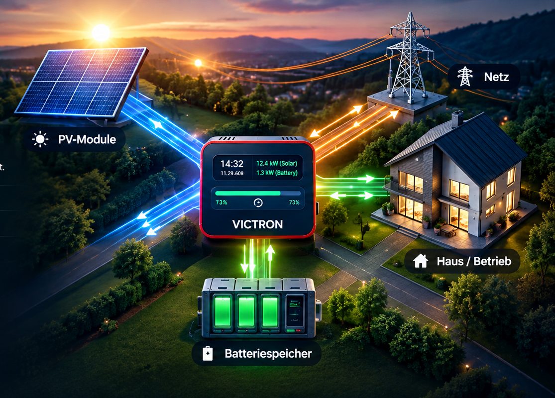 Energy flow: PV modules, Victron system, battery storage, house and grid
